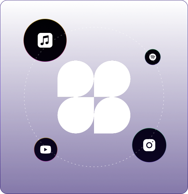 Four white abstract shapes in center surrounded by music, YouTube, Instagram, and Spotify icons on purple background.