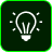 Green light bulb icon with a glowing filament and square dotted border symbolizing ideas or creativity.
