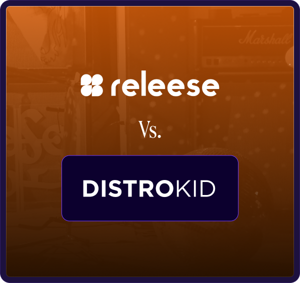 Comparison graphic showing Releese logo versus DistroKid logo on a brown background.