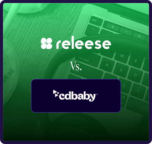 Comparison of music distribution services Releese and CDBaby logos on a laptop keyboard background.