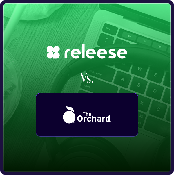 Releese logo above vs. The Orchard logo on a dark square, on a keyboard and headphone background.