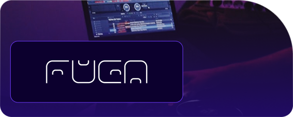 Stylized white text 'fugen' with a dark background and a laptop displaying audio software above it.