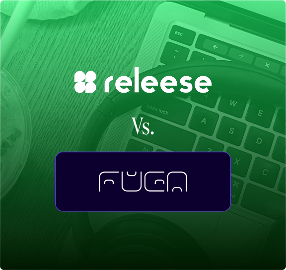 Comparison graphic featuring Releese and FUGA logos over a laptop keyboard background.