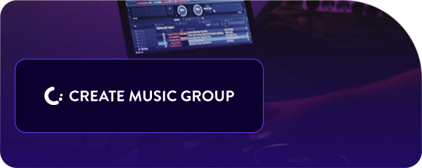 Button labeled 'Create Music Group' over a DJ setup with a laptop screen displaying music software.