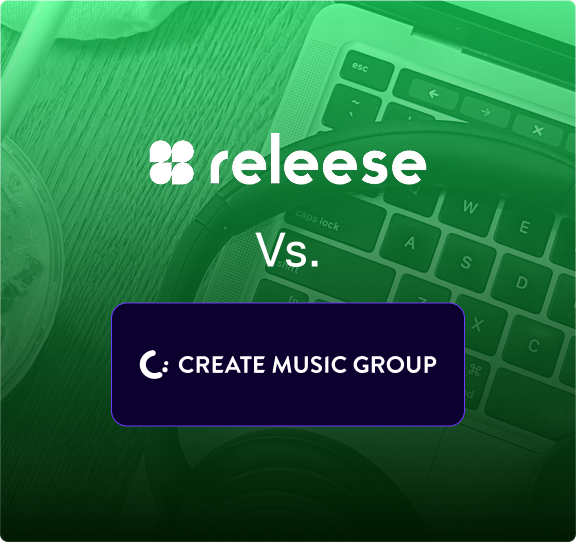 Releese logo above the text 'Vs.' and a button labeled 'Create Music Group' overlaying a keyboard and headphones.