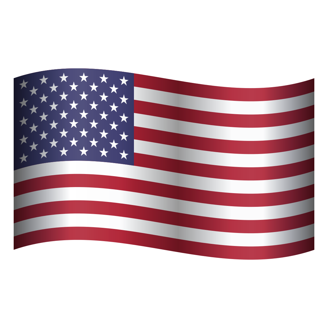 Waving United States flag with 50 white stars and 13 red and white stripes on black background.