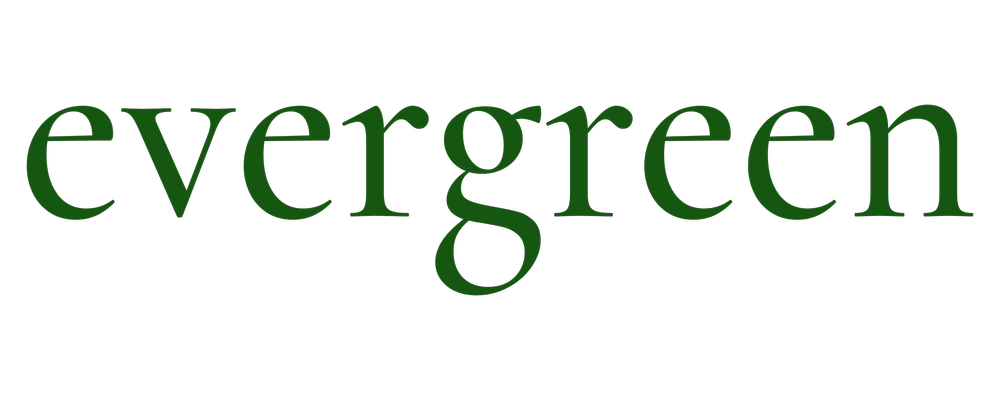 The word 'evergreen' in lowercase dark green serif font on a black background.