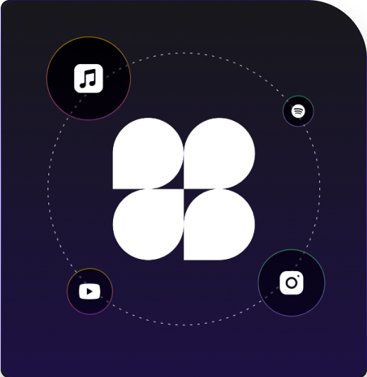 Central white geometric logo surrounded by icons for Apple Music, Spotify, Instagram, and YouTube arranged in a circular pattern on a dark purple background.