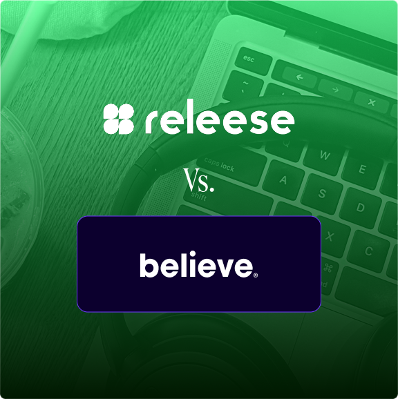 Graphic with a green overlay showing part of a laptop keyboard and headphones, featuring a comparison between the logos of 'releese' and 'believe' with 'Vs.' in between.