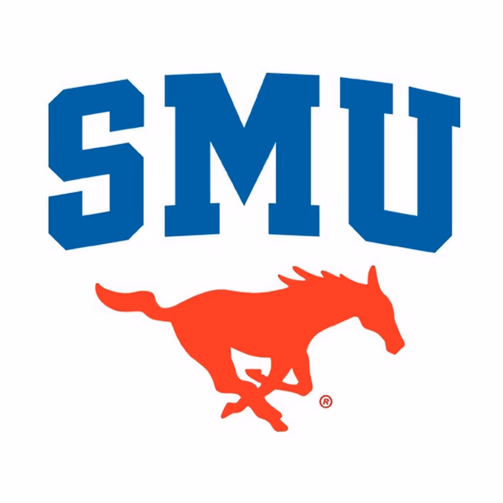 SMU text in blue above a red running mustang logo.