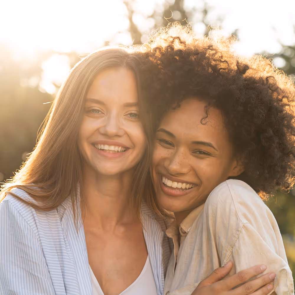 Two young women smiling and hugging outdoors in soft sunlight.