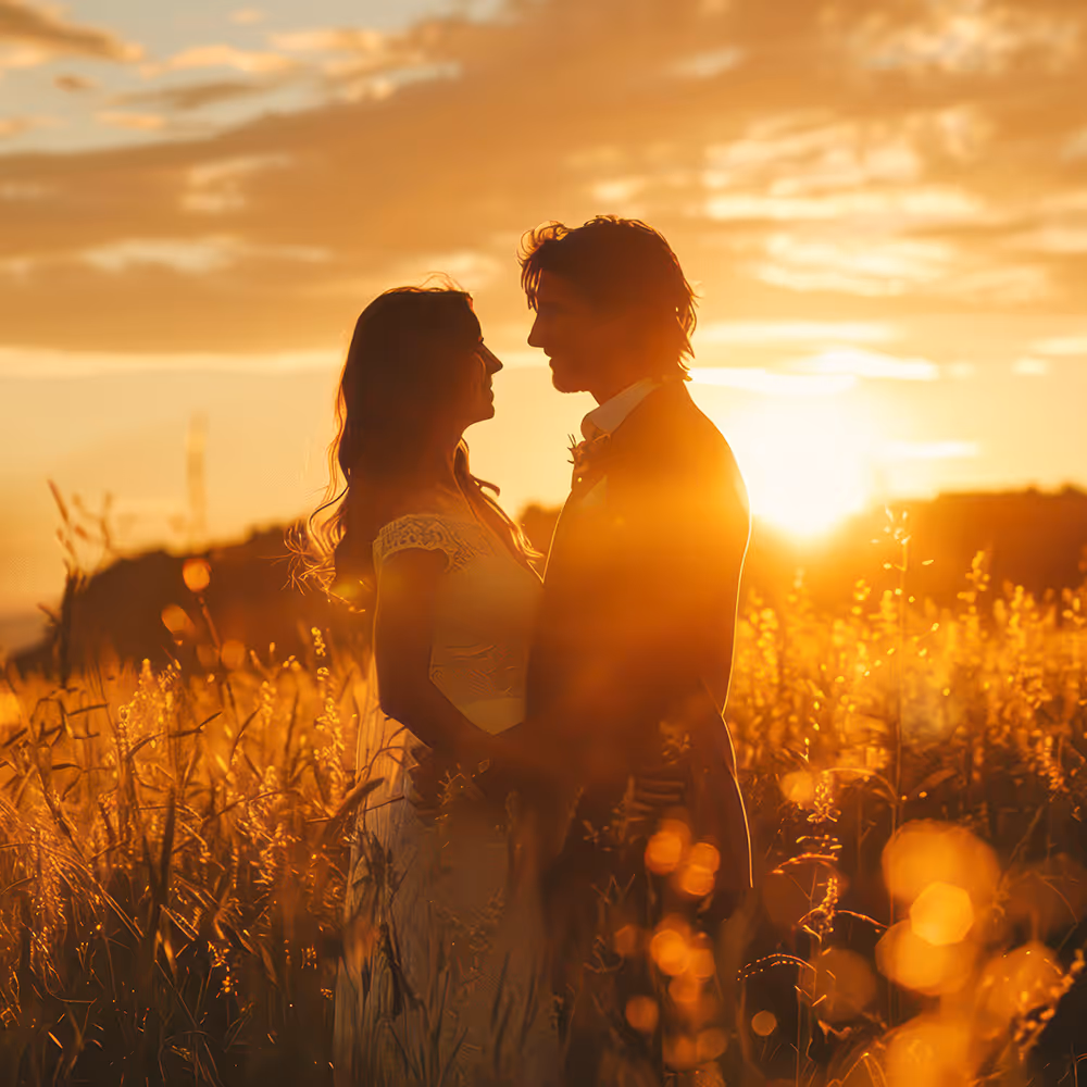 A couple standing together at sunset, representing the renewed connection and emotional intimacy found through Gottman Method couples therapy at Ray of Hope Counseling in Texas.