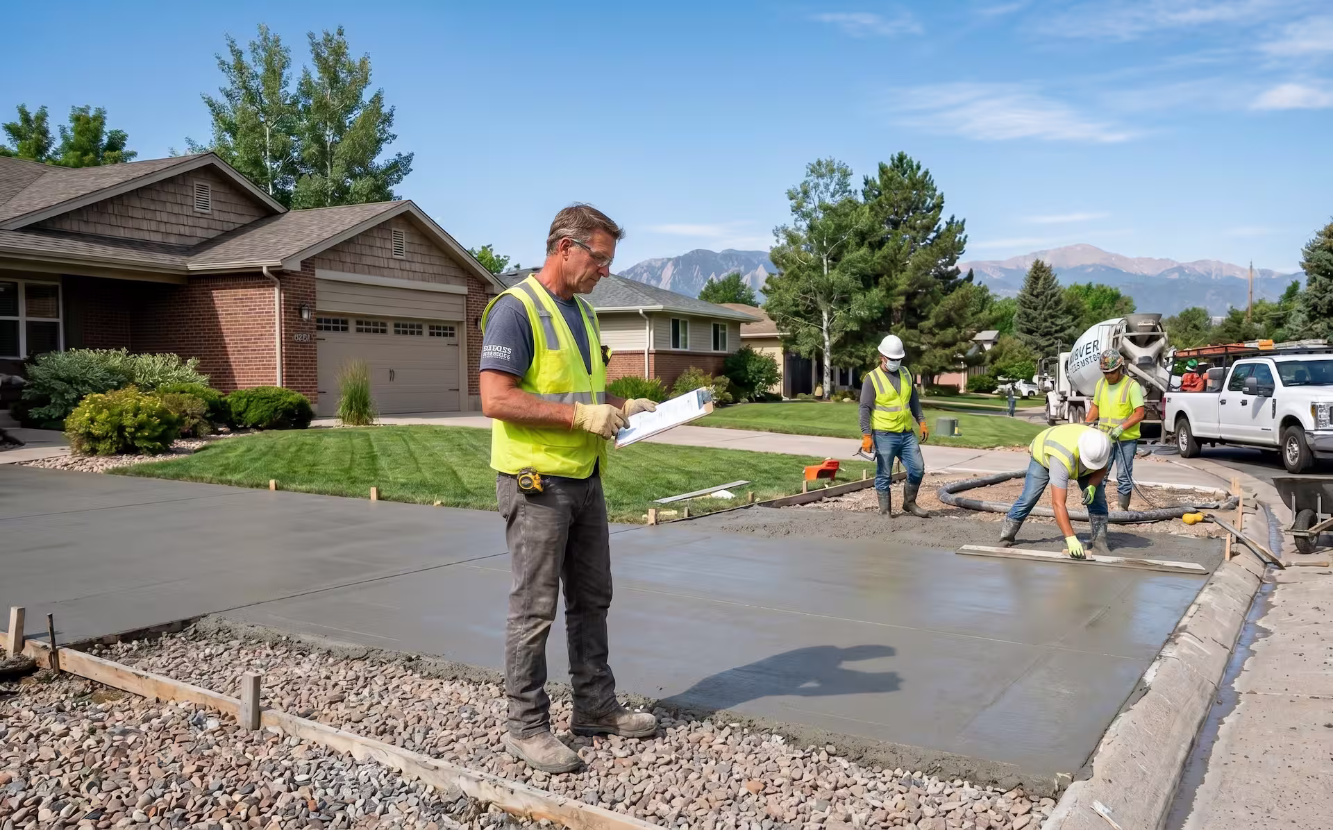 Freshly poured concrete driveway in front of a single-story house with yellow caution tape around it.