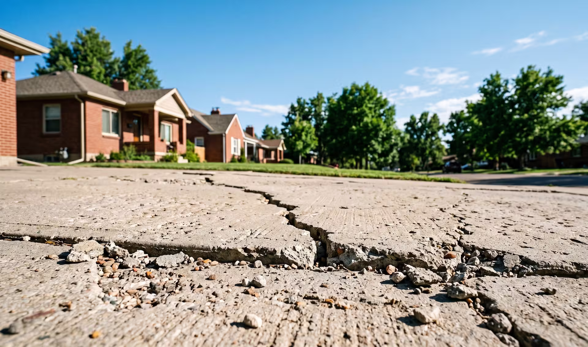 Freshly poured concrete driveway in front of a single-story house with yellow caution tape around it.