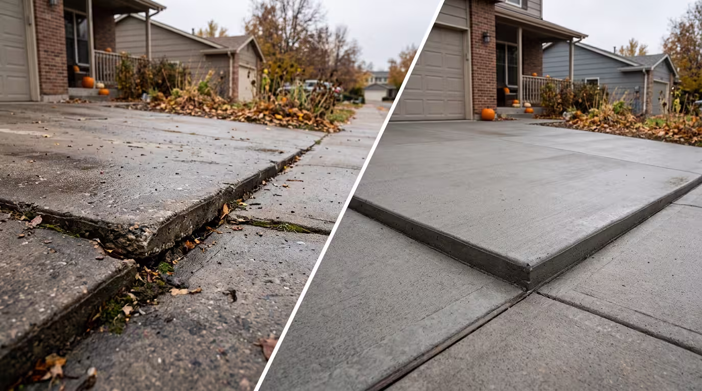 Before-and-after split photo of a sunken, uneven concrete driveway or walkway slab lifted level and smoothly repaired in Denver