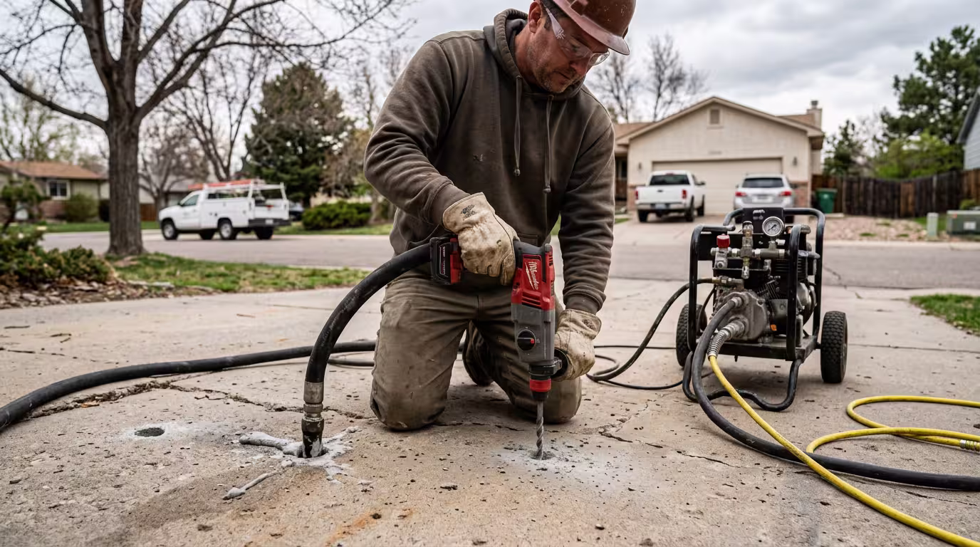 Contractor injecting foam beneath a sunken concrete driveway slab using mud jacking equipment in Denver