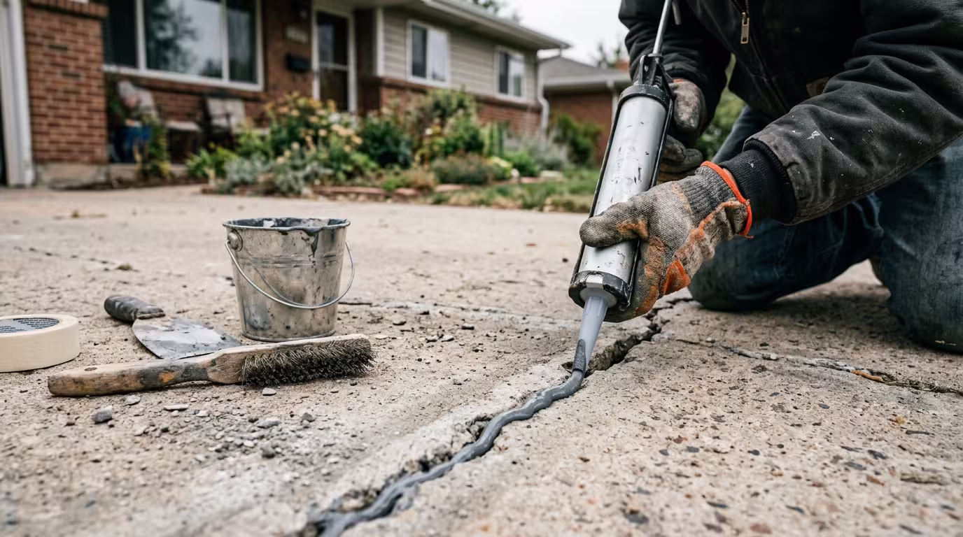 Contractor applying bonding sealant to repair a crack in a concrete driveway slab in Denver