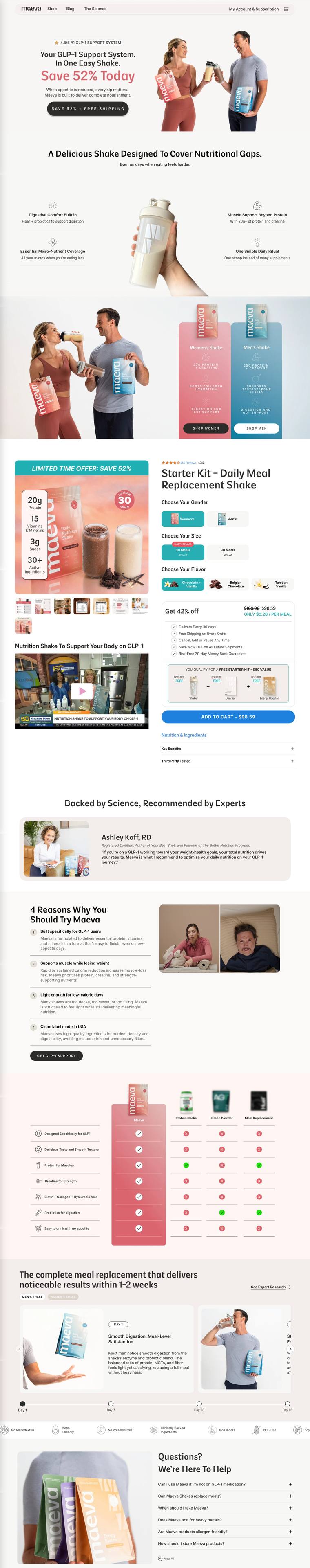 The previous starter kit page: a save 52 percent hero, a benefits grid, a gender and size selector, and a product section