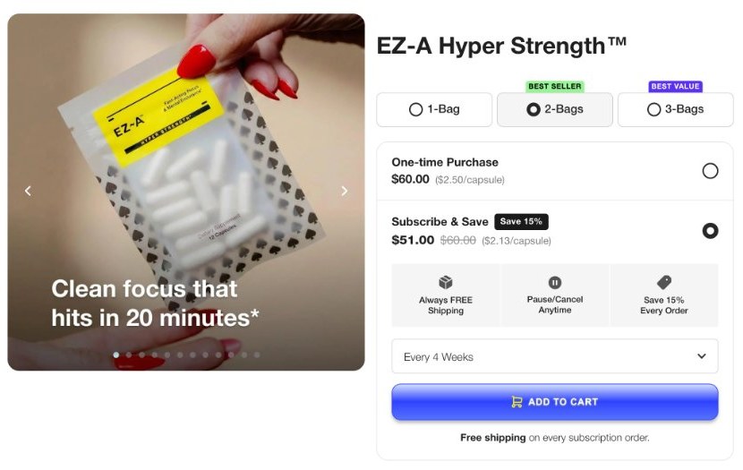 The pack selector with best seller and best value labels, subscribe and save next to the one-time price, and an add to cart button