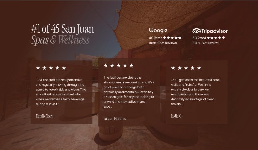 A proof section with Google and Tripadvisor ratings and three guest reviews