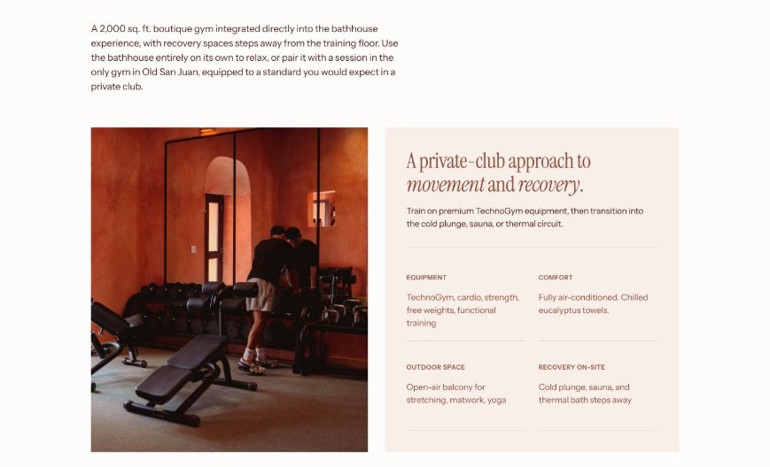 The gym section with a photo of the training floor and a summary of equipment, comfort, outdoor space, and recovery