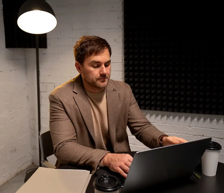 Man wearing a brown blazer working on a laptop in a modern office with white brick walls and a black acoustic panel.