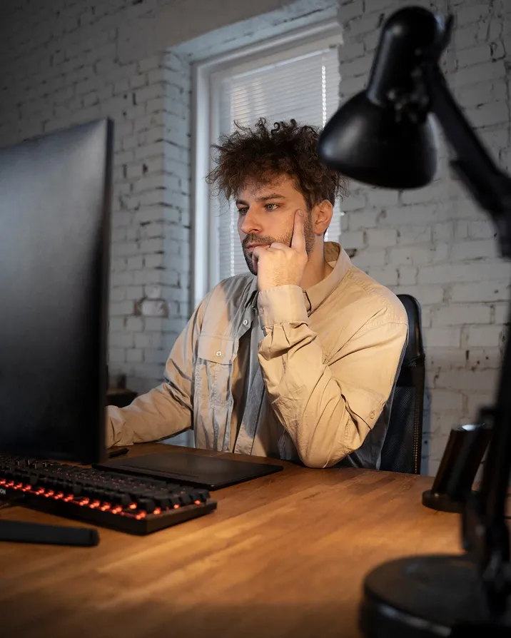 Man with curly hair in a beige shirt concentrating while working on a desktop computer in a room with white brick walls.