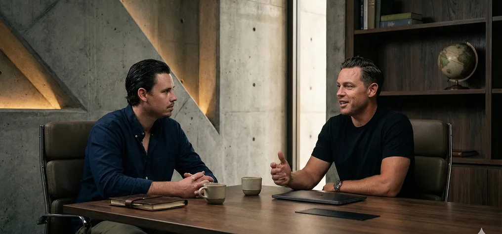 Two men having a conversation across a wooden table in a modern office with concrete walls and a wooden bookshelf.
