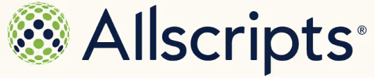 Allscripts company logo featuring a circular pattern of green and navy dots next to the word 'Allscripts'.