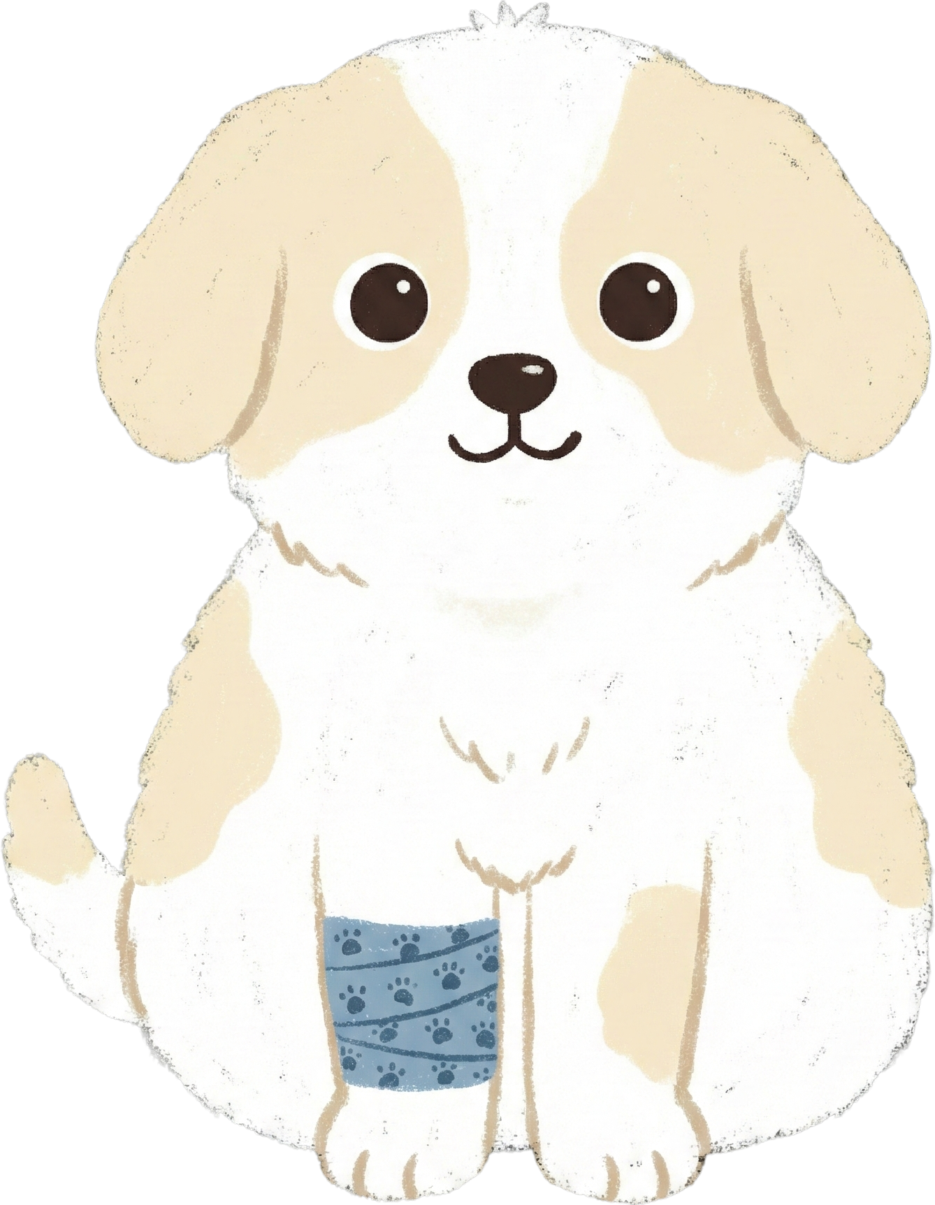 Cute cartoon white and beige puppy with a blue bandage featuring paw prints on its front leg.