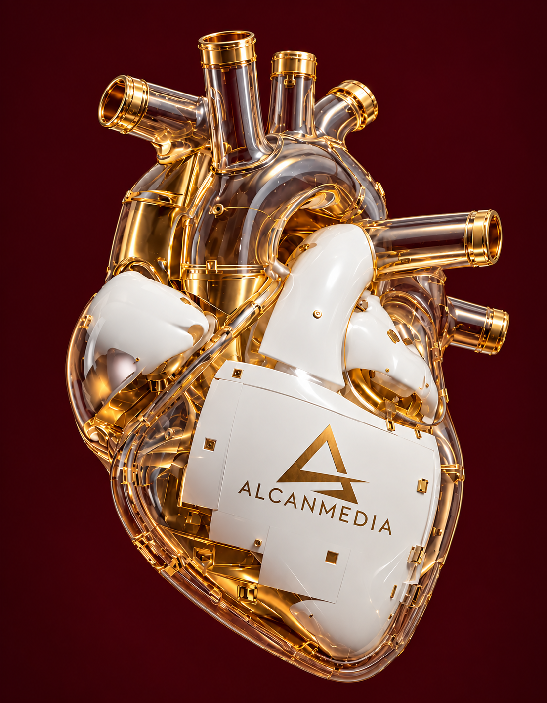 Golden mechanical heart with the AlcanMedia logo on a dark red background