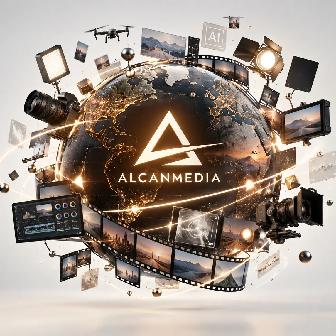 AlcanMedia logo at the center of a globe surrounded by cameras, lights and film strips