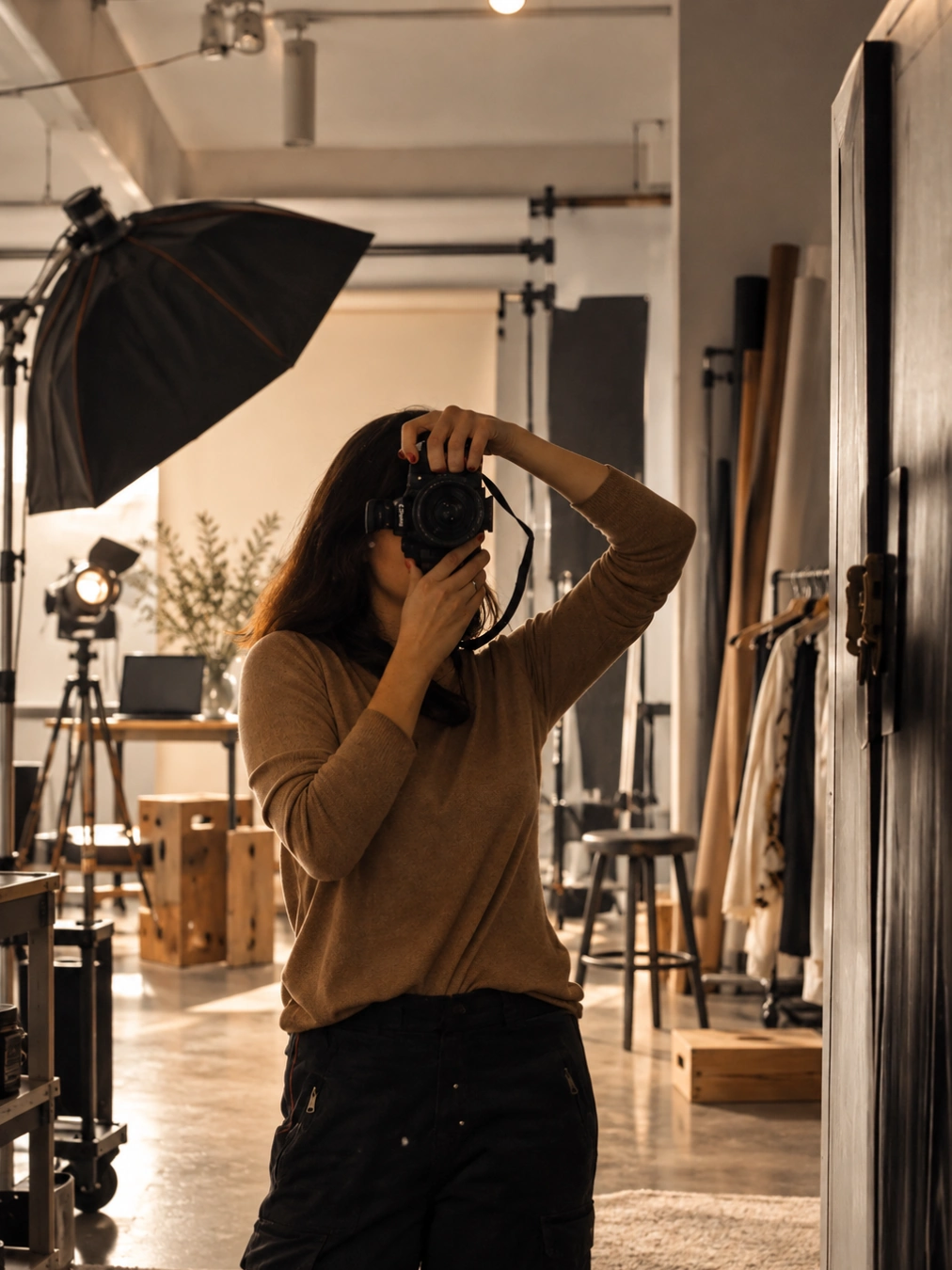 Photographer holding a camera in a studio with professional lighting