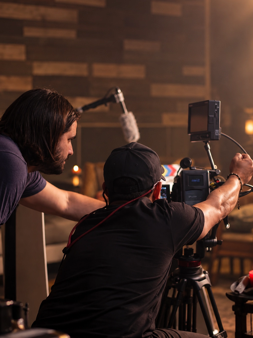Film crew shooting a scene with a cinema camera on set