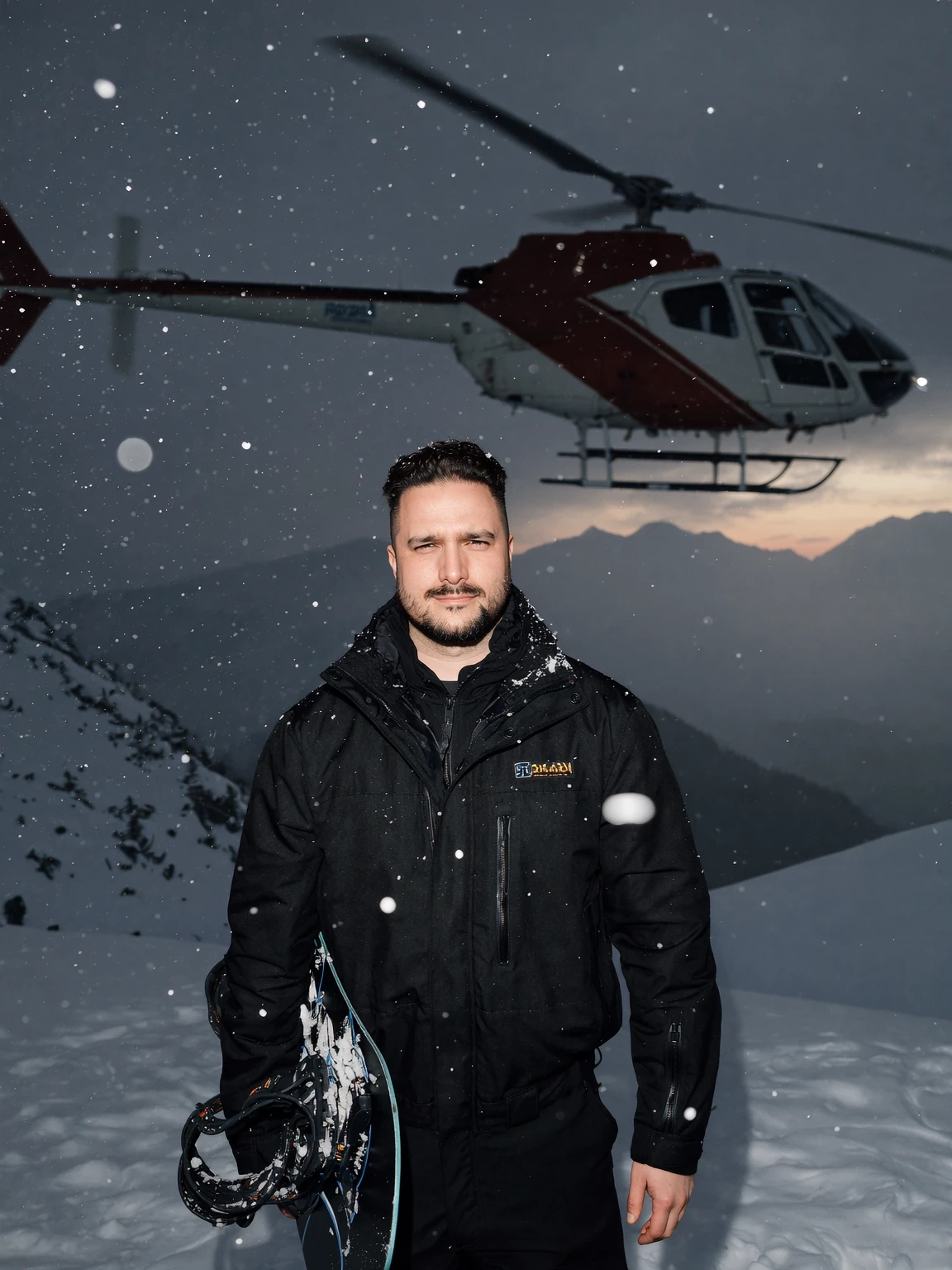 Man holding a snowboard in the snow at dusk with a helicopter flying behind him