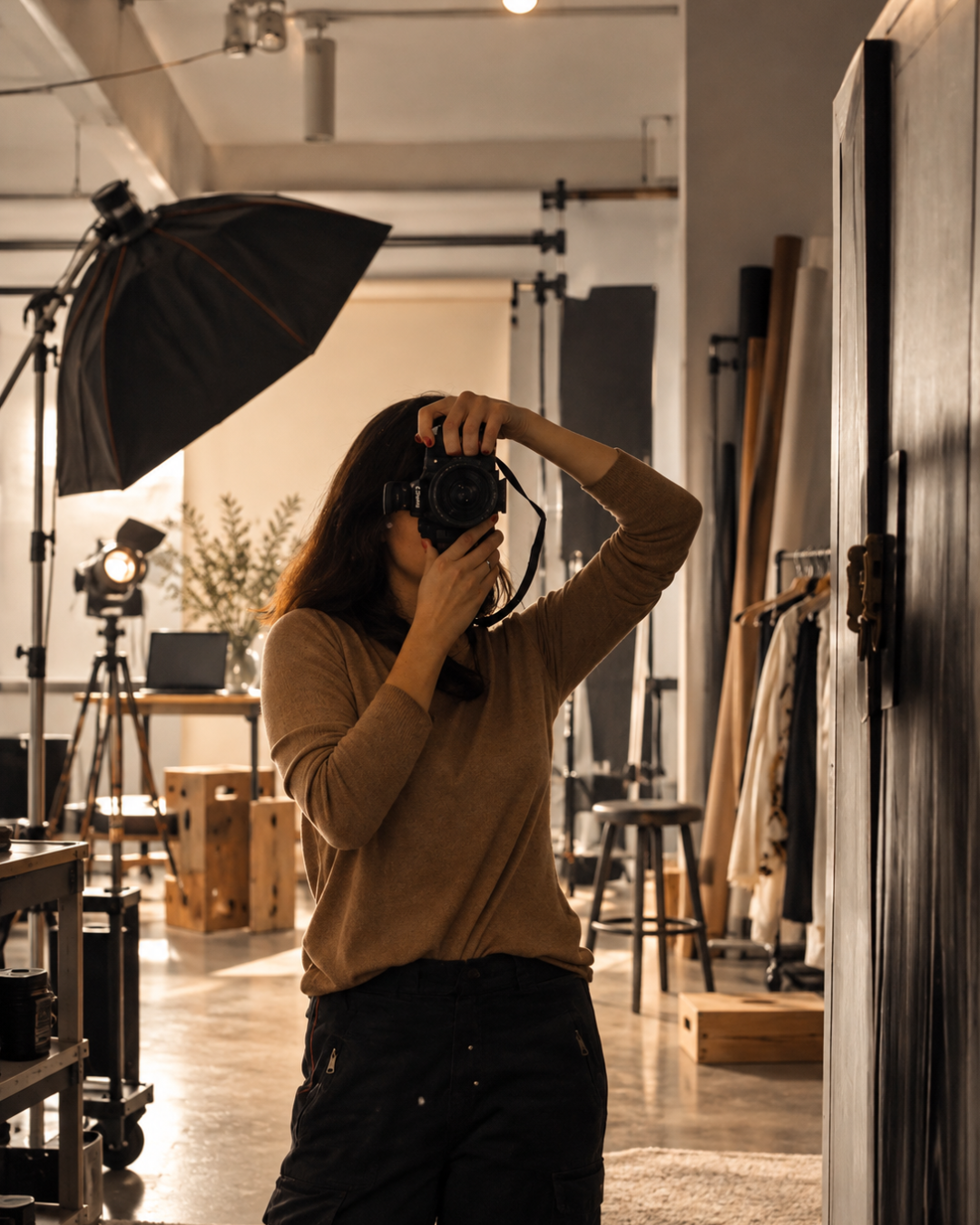 Photographer holding a camera in a studio with professional lighting