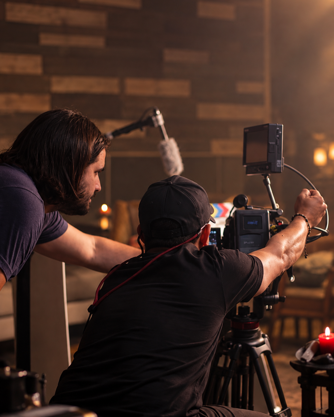 Film crew shooting a scene with a cinema camera on set
