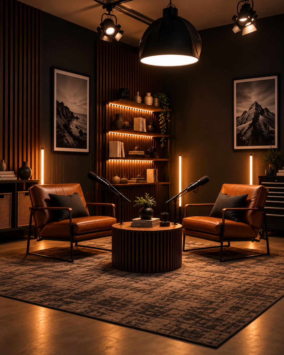 Podcast studio with two leather armchairs, microphones, and warm lighting
