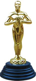 Golden statuette of a person standing on a tiered black base, resembling an award trophy.