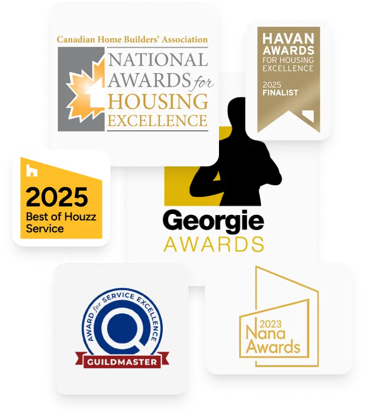 Collage of five award logos including Canadian Home Builders’ Association National Awards for Housing Excellence, HAVAN Awards 2025 Finalist, 2025 Best of Houzz Service, Georgie Awards, Guildmaster Award for Service Excellence, and 2023 Nana Awards.