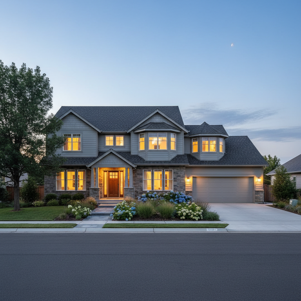 Two-story family home with a subtle room addition on the upper floor