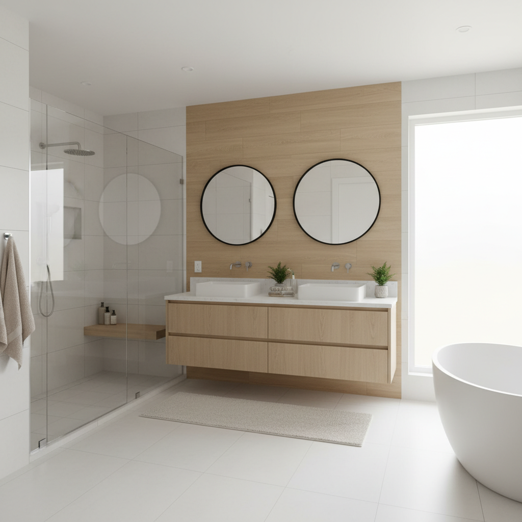 Bright modern bathroom with glass shower and double-sink vanity
