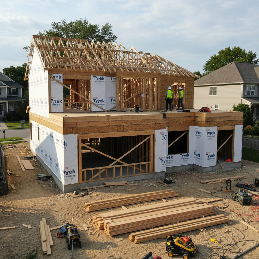 House under renovation with a framed second-story and bump-out addition