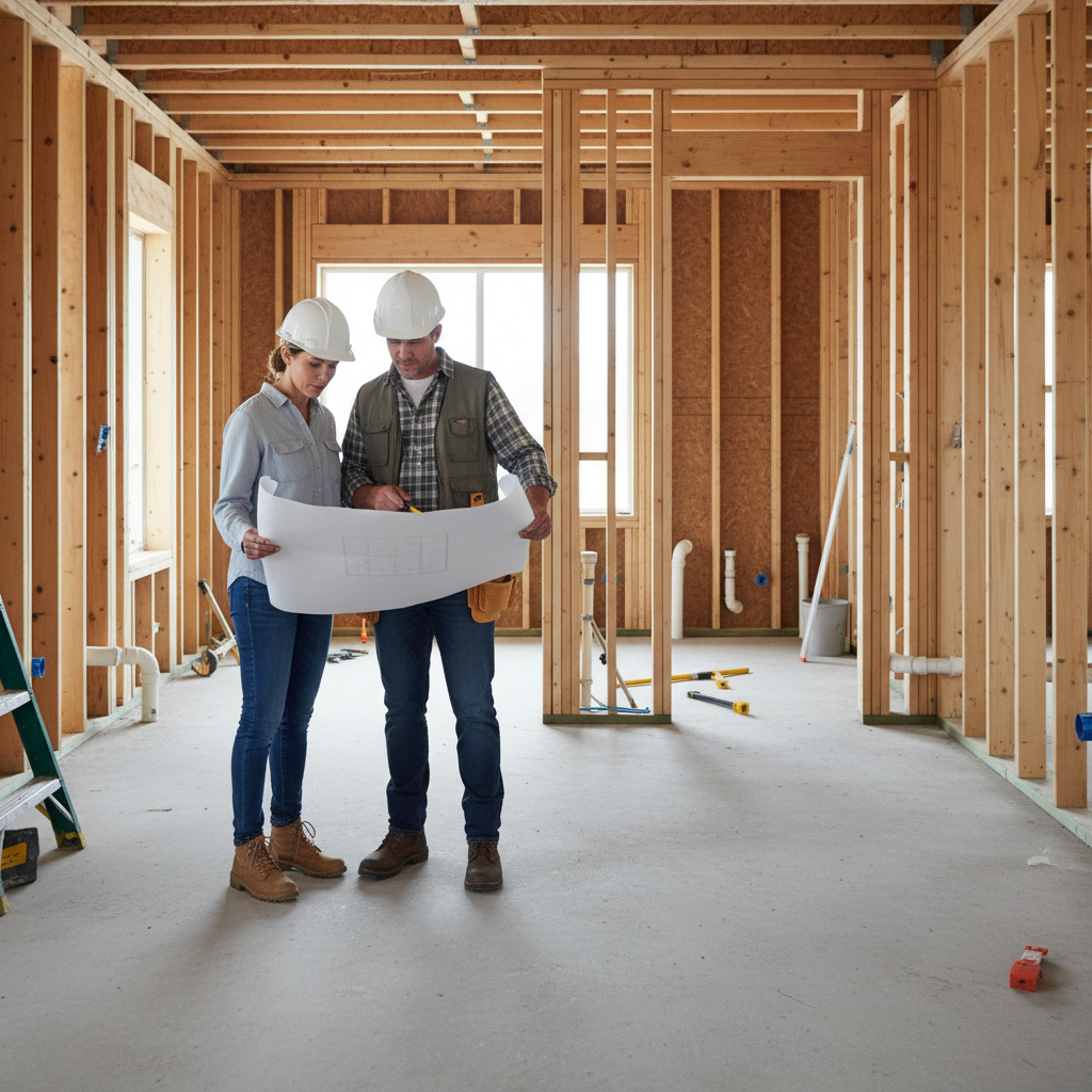 Homeowners reviewing bathroom addition plans with a contractor on site