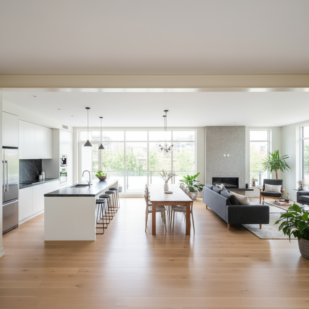 Finished open-concept main floor after load-bearing wall removal with beam across ceiling