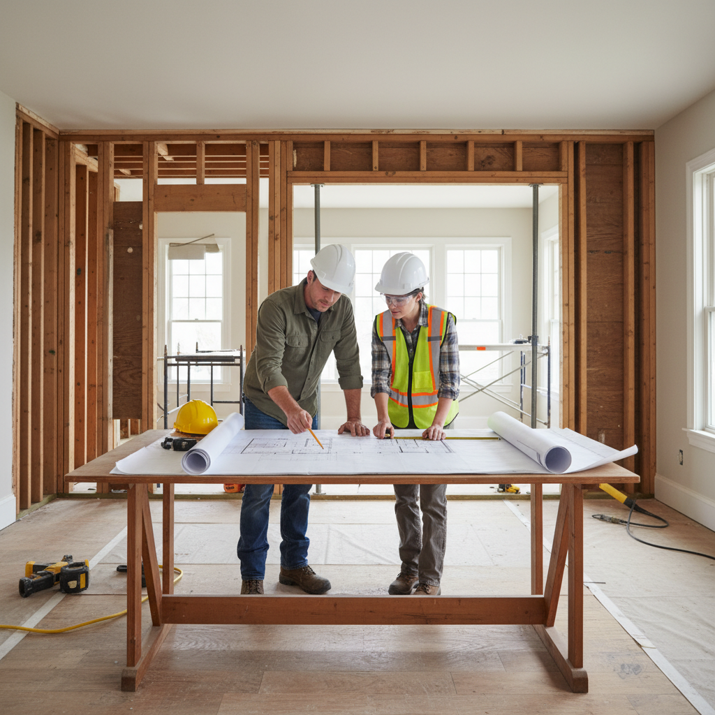 Contractor and structural engineer reviewing load-bearing wall removal plans in a partially renovated home