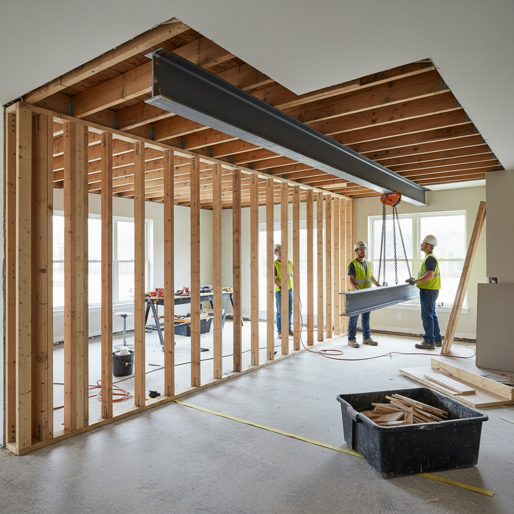 Interior renovation with temporary shoring walls and new structural beam during load-bearing wall removal
