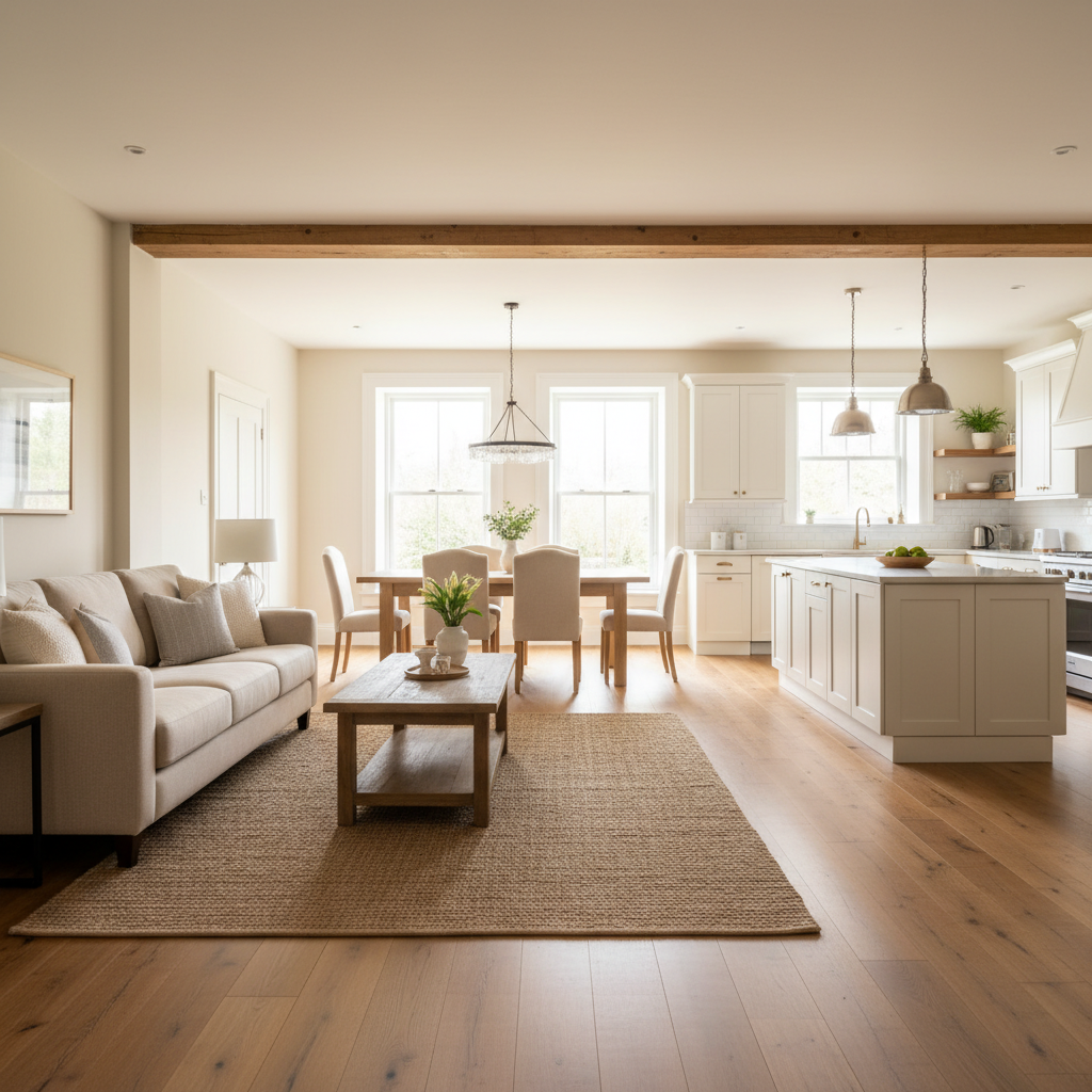 Finished open-concept living, dining, and kitchen area after load-bearing wall removal