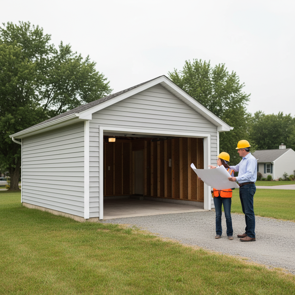 Designer and homeowner reviewing plans in front of a detached garage before conversion