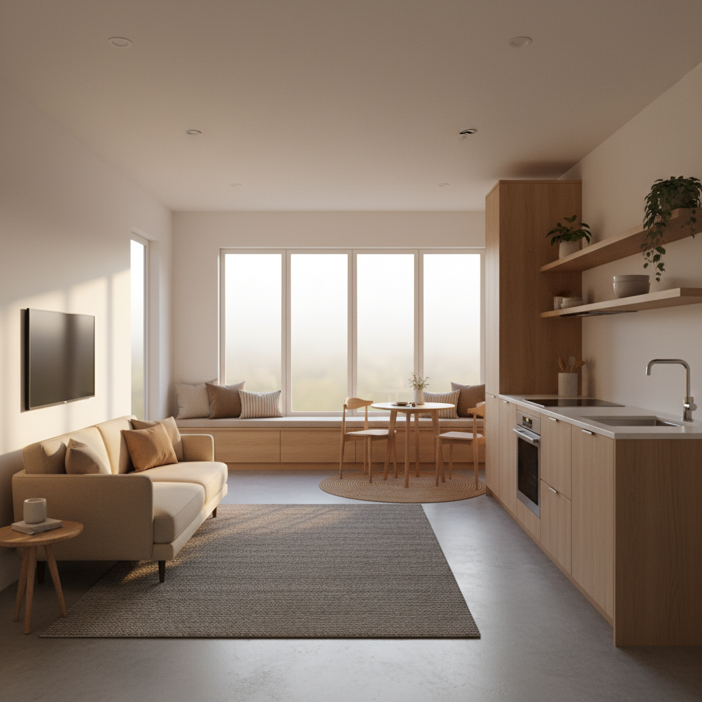 Finished garage conversion used as a bright secondary suite with compact kitchen and living area